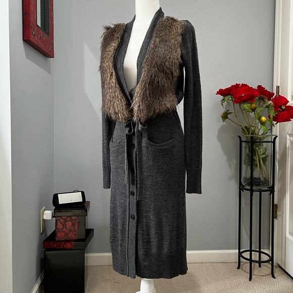 NEW Ann Taylor Wool Faux Fur Longline Belted Button Maxi Cardigan Sz XS NWT - Picture 3 of 16